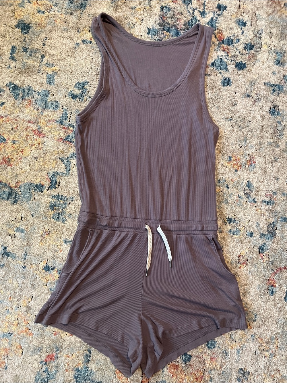 Vuori Ribbed Dusky Mauve Sleeveless Romper with Drawstring Waist